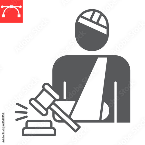 Personal injury law glyph icon, medical and broken hand, injured person vector icon, vector graphics, editable stroke solid sign, eps 10.