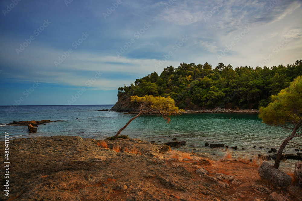 PHASELIS, TURKEY: The scenic view of the beach of Phaselis ancient city on a cloudy day. PHASELIS, TURKEY: The scenic view of the beach of Phaselis ancient city on a cloudy day.