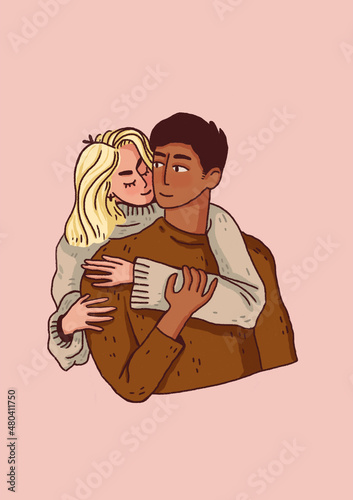 Cute illustration of a couple in love hugging  girl hugging her boyfriend