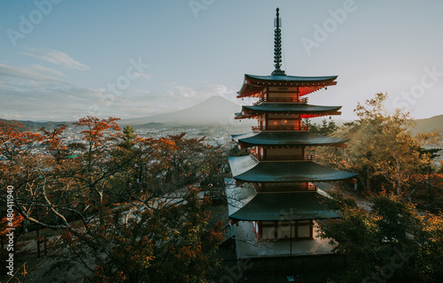 Chureito pagoda at Fuji mountain. Beautiful japanese landmarks and landscapes photo