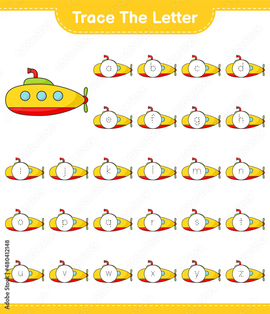 Trace the letter. Tracing letter alphabet with Submarine. Educational children game, printable worksheet, vector illustration Trace the letter. Tracing letter alphabet with Submarine. Educational children game, printable worksheet, vector illustration