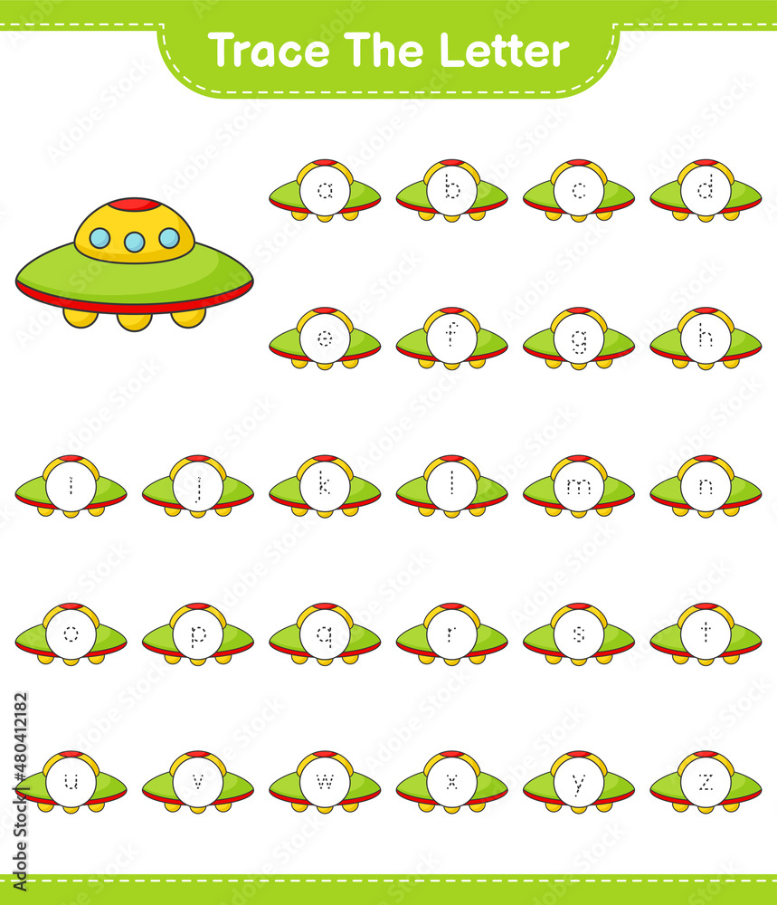 Trace the letter. Tracing letter alphabet with Ufo. Educational children game, printable worksheet, vector illustration