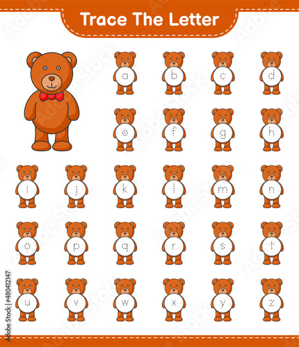 Fototapeta Naklejka Na Ścianę i Meble -  Trace the letter. Tracing letter alphabet with Teddy Bear. Educational children game, printable worksheet, vector illustration