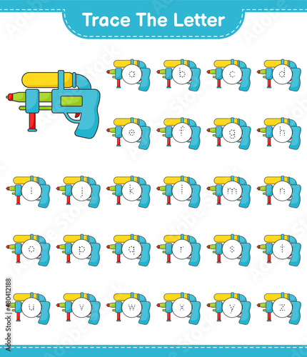 Trace the letter. Tracing letter alphabet with Water Gun. Educational children game, printable worksheet, vector illustration