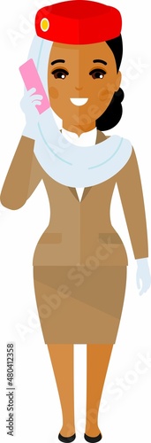Flat cute cartoon stewardess of aircraft characters in air uniform.