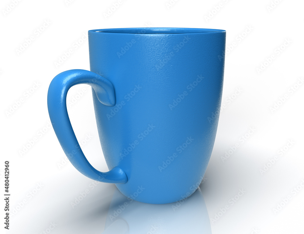 Isolated Side View of Blue Tea Mug, Modern Coffee Cup on White Background, 3D Illustration.