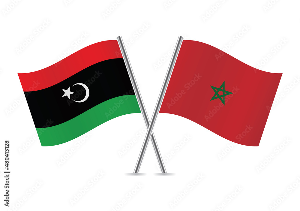 Libya and Morocco flags. Libyan and Moroccan flags isolated on white background. Vector illustration. Libya and Morocco flags. Libyan and Moroccan flags isolated on white background. Vector illustration.