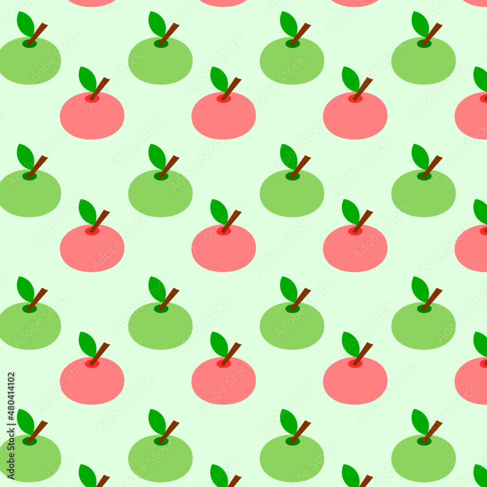 Pattern with apples of different colors on a green background. 