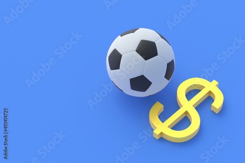 Soccer ball near dollar symbol. Prize fund. Sports betting. Winning the totalizator. Transfer cost. Purchase  sale of a football club. Sports Equipment. Fair play. Penalties and sanctions. 3d render