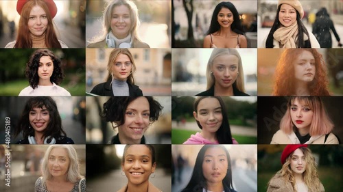 Collage of multi-ethnic diverse women looking at the camera. Beautiful women of different age, background, ethnicity, beauty and hair style smiling together. High quality 4k footage photo
