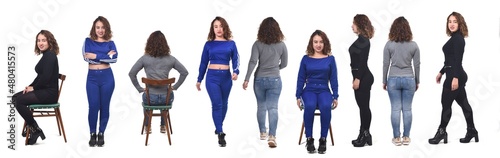woman with various poses and different outfits on white background