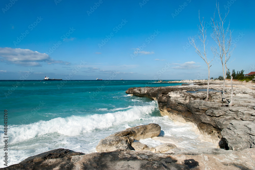 Grand Bahama Island Eroded Coastline With Cargo Ships 