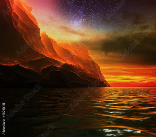 Fantastic sunset over the rocks against the sky with stars and reflections in the water. 3d illustration