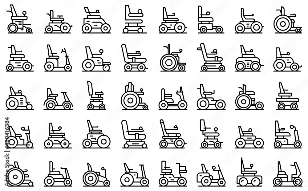 Electric wheelchair icons set outline vector. Adult battery Electric wheelchair icons set outline vector. Adult battery