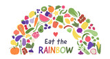 Fruit and veggies arrangement with text - Eat the rainbow. Plant-based food pattern. Healthy vegan diet.