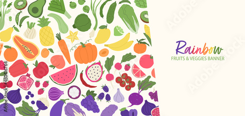 Fruit and veggies rainbow banner. Plant-based food pattern