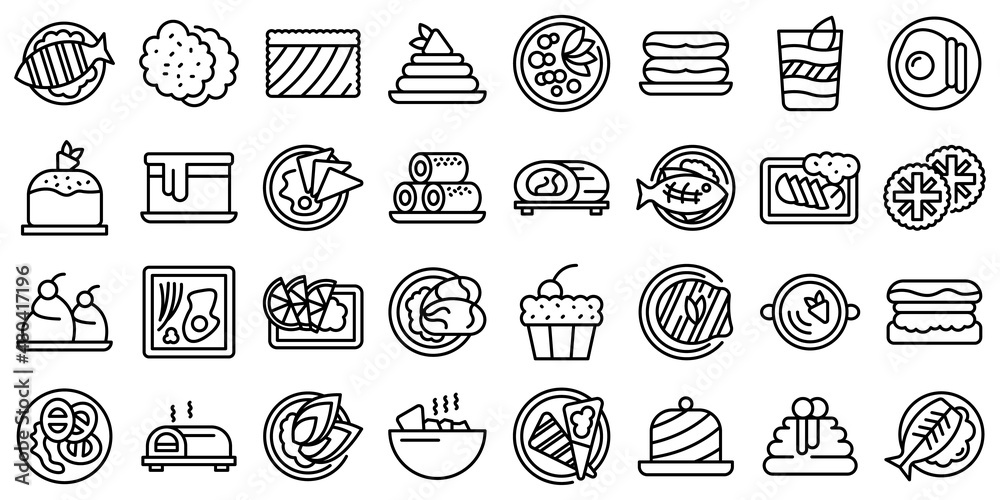 Australian cuisine icons set outline vector. Cake breakfast