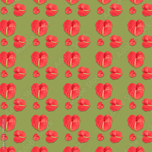 Red exotic flower in the shape of a heart on a green background