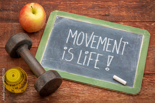 Fototapeta Naklejka Na Ścianę i Meble -  movement is life inspirational message -  white chalk text on a slate blackboard sign with a dumbbell, apple and tape measure, fitness and lifestyle concept