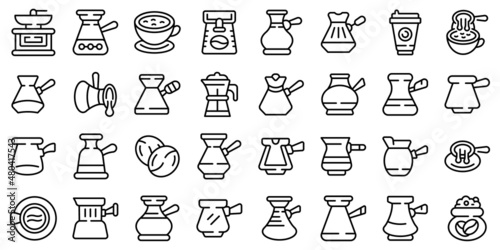 Turkish coffee pot icons set outline vector. Arabic coffee