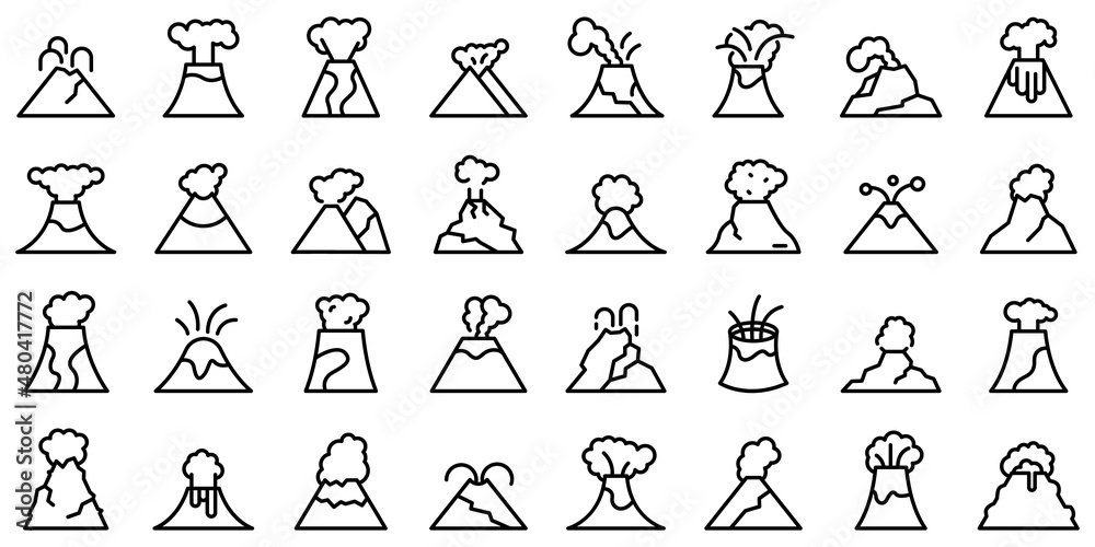 Naklejka premium Volcanic eruption icons set outline vector. Adventure climb