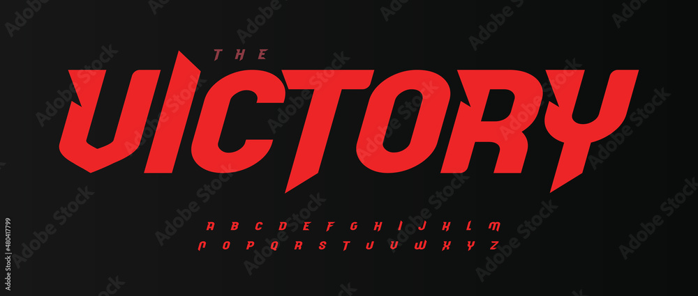 Victory bold font, red Italic speed alphabet with bevel inside letters. Dynamic headline and superhero logo. Type for sport, race, gym, car, automotive, shirts, game, cinema. Vector typography - obrazy, fototapety, plakaty 