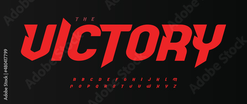 Victory bold font, red Italic speed alphabet with bevel inside letters. Dynamic headline and superhero logo. Type for sport, race, gym, car, automotive, shirts, game, cinema. Vector typography