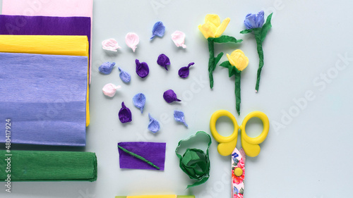 materials for spring handmade craft flowers out of paper photo