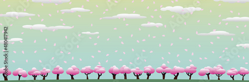 一面の桜の木とエメラルドグリーンの空と花びらと雲 4