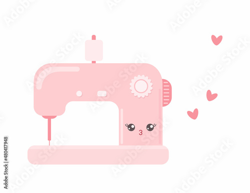 Cute pink sewing machine isolated on white background. Cartoon flat style. Vector illustration
