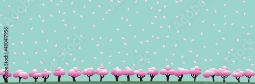 一面の桜の木とエメラルドグリーンの空と花びら 3