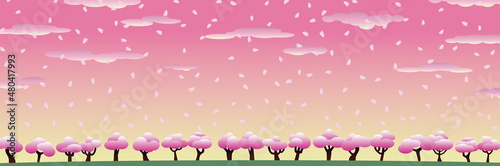 一面の桜の木とピンク色の夕焼けと花びらと雲 1