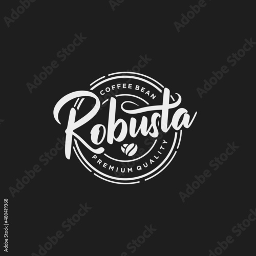 Robusta coffee bean logo handwritten lettering with label badge emblem design vector template