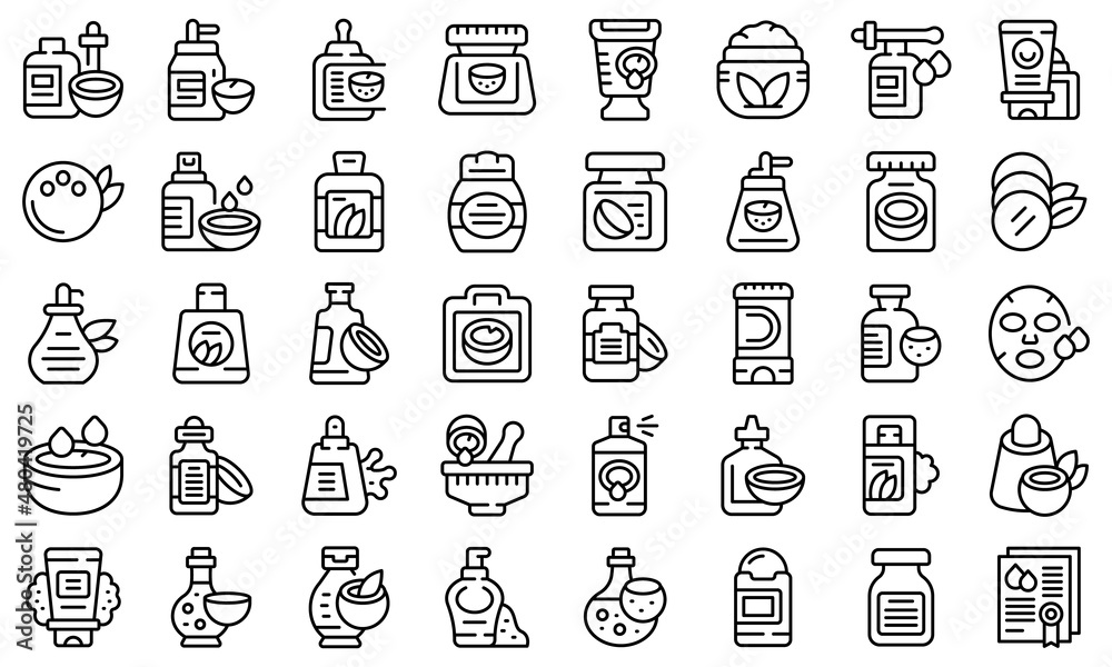 Coconut cosmetics icons set outline vector. Milk oil