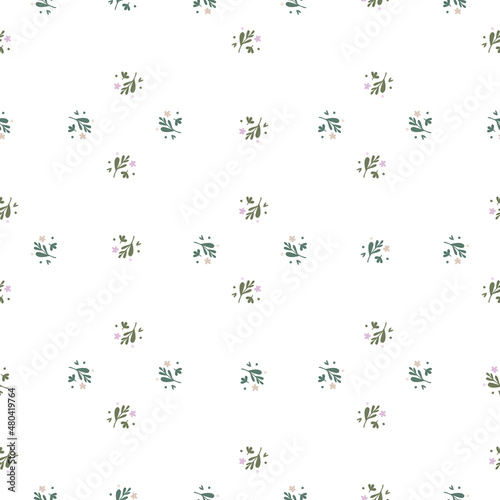 Small flowers and leaf seamless pattern. Floral endless ornament. Simple botanical backdrop.