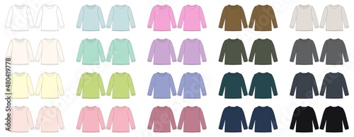 Set of colored childrens technical sketch sweatshirt. Kids wear jumper design template collection.