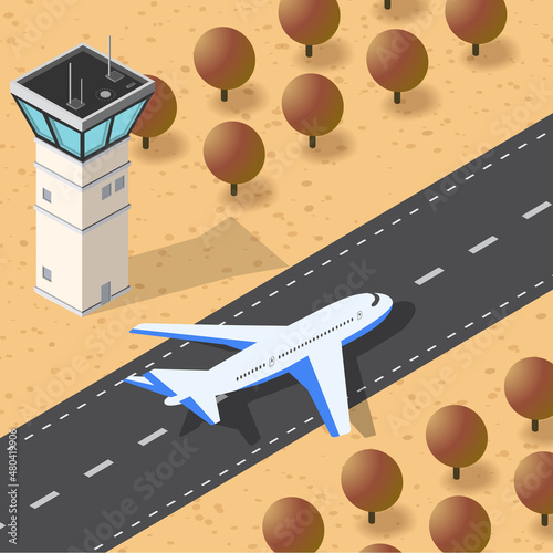 Isometric 3d illustration autumn city airport with tower