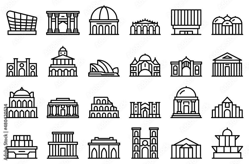 Opera house icons set outline vector. Architecture building