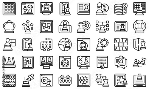 Online chess game icons set outline vector. People activity