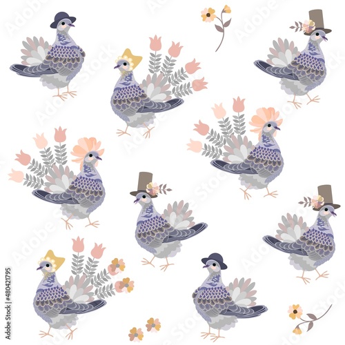 Cute cartoon pigeons in hats are walking isolated on a white background. Endless print for fabric. Home textiles.