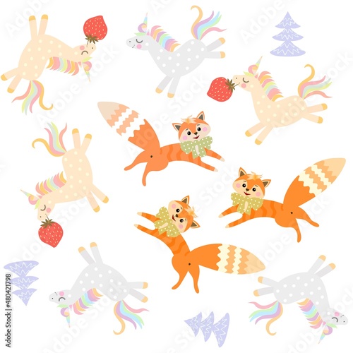 Foxes and unicorns frolic among the snow-covered Christmas trees isolated on a white background. Wonderful endless fabric for baby. Vector design.