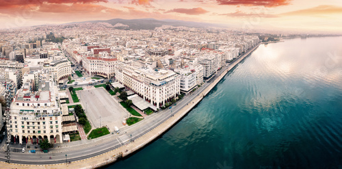 Aerial view of main tourist attraction of Thessaloniki - Aristotle Square with cafes and hotel buildings. Travel, life and real estate in Greece and Macedonia region concept