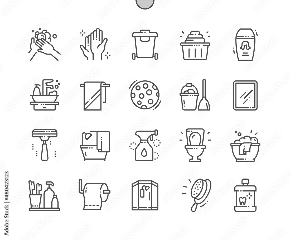Hygiene routine. Hand wash. Shower cabin and wc. Bathroom. Shampoo ,mouthwash and spray. Pixel Perfect Vector Thin Line Icons. Simple Minimal Pictogram Hygiene routine. Hand wash. Shower cabin and wc. Bathroom. Shampoo ,mouthwash and spray. Pixel Perfect Vector Thin Line Icons. Simple Minimal Pictogram
