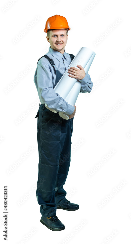 isolated. engineer in overalls and a helmet holds drawings, documents. positive employee isolated. engineer in overalls and a helmet holds drawings, documents. positive employee