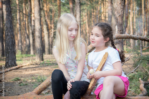 In summer, on a bright sunny day, two little girl friends are sitting in the forest. They are talking about something.
