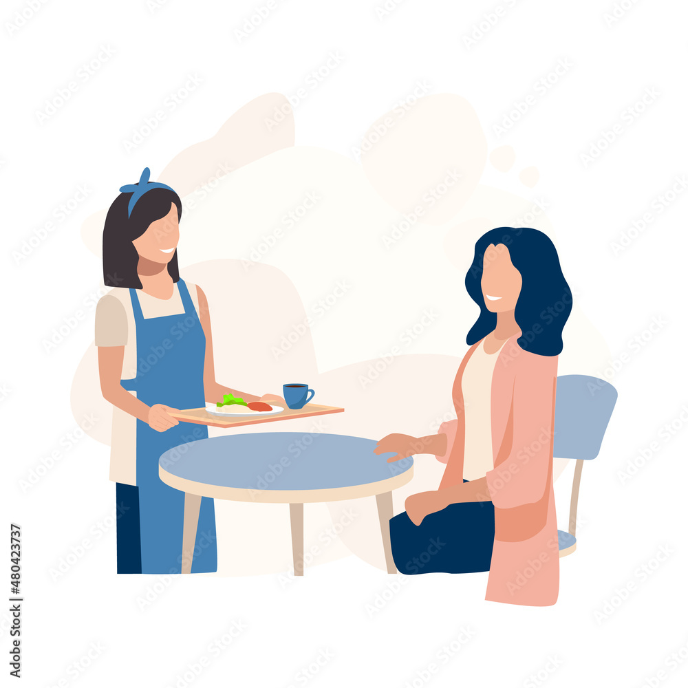 A cute waitress with a smile brought breakfast to a cafe visitor. Catering business. Vector illustration in flat style for advertising, card or media.