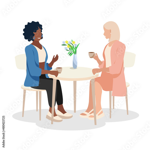 Two young girls are drinking coffee in a cafe and talking. Isolated vector illustration in flat style for advertising, card or media.