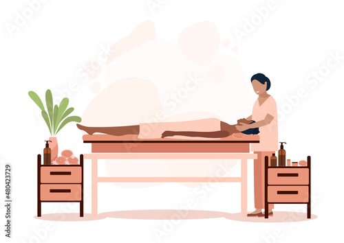 The masseur makes a massage to the girl. Relaxation in the spa. Vector illustration for advertising, flyers and social media.