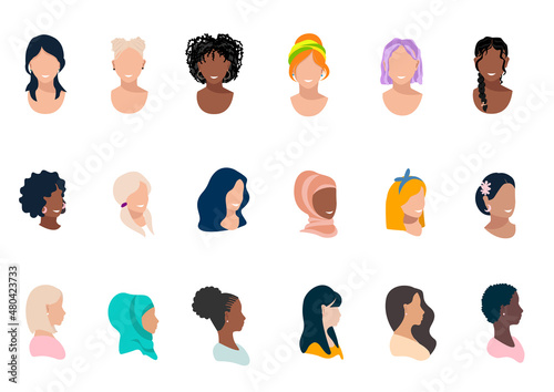 Big vector set of faces of cute girls from different angles and different hairstyles. Beautiful women from different countries. Icons for social networks.