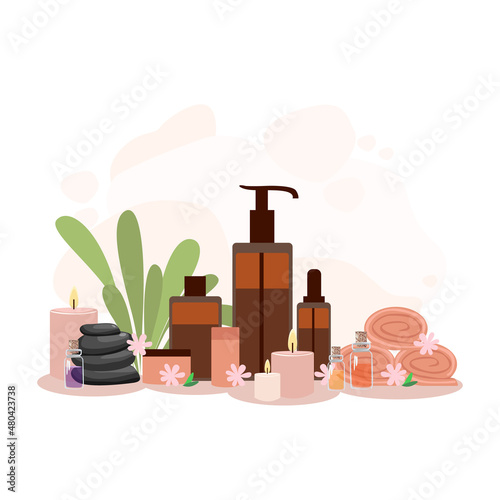 Composition of bottles with massage and aromatic oils and cosmetic creams. Relaxation in the spa. Vector illustration for advertising, flyers and social media.